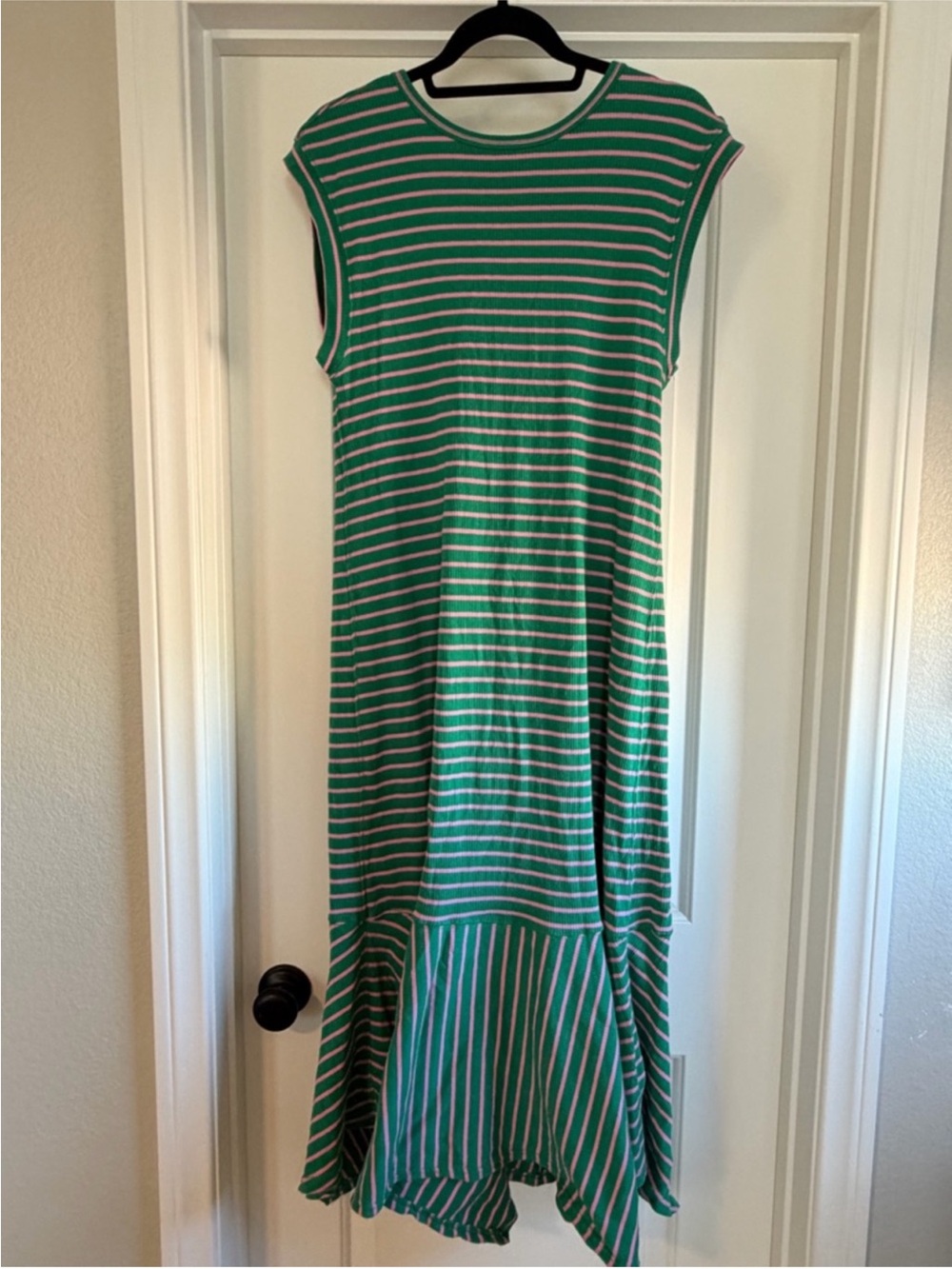 Anthropologie Sleeveless Green and White Striped Midi Dress